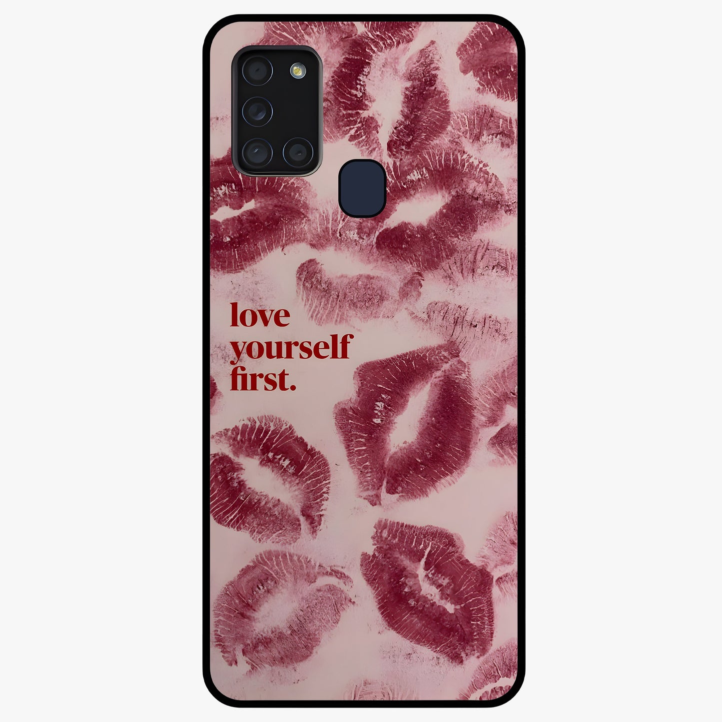 Crimson Kiss Love Glass Case showing flat back view with romantic crimson themed artwork and glossy glass finish.