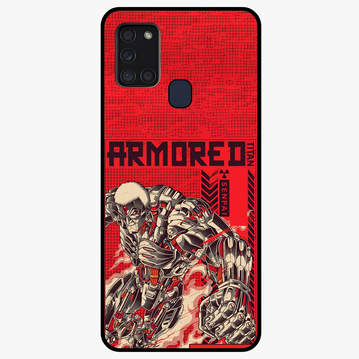 Crimson Mecha Titan Glass Case showing flat back view with powerful mech titan artwork and glossy glass finish.