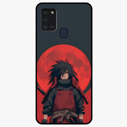 Crimson Moon Warlord Glass Case showing flat back view with mystical moon warrior artwork and glossy glass finish.