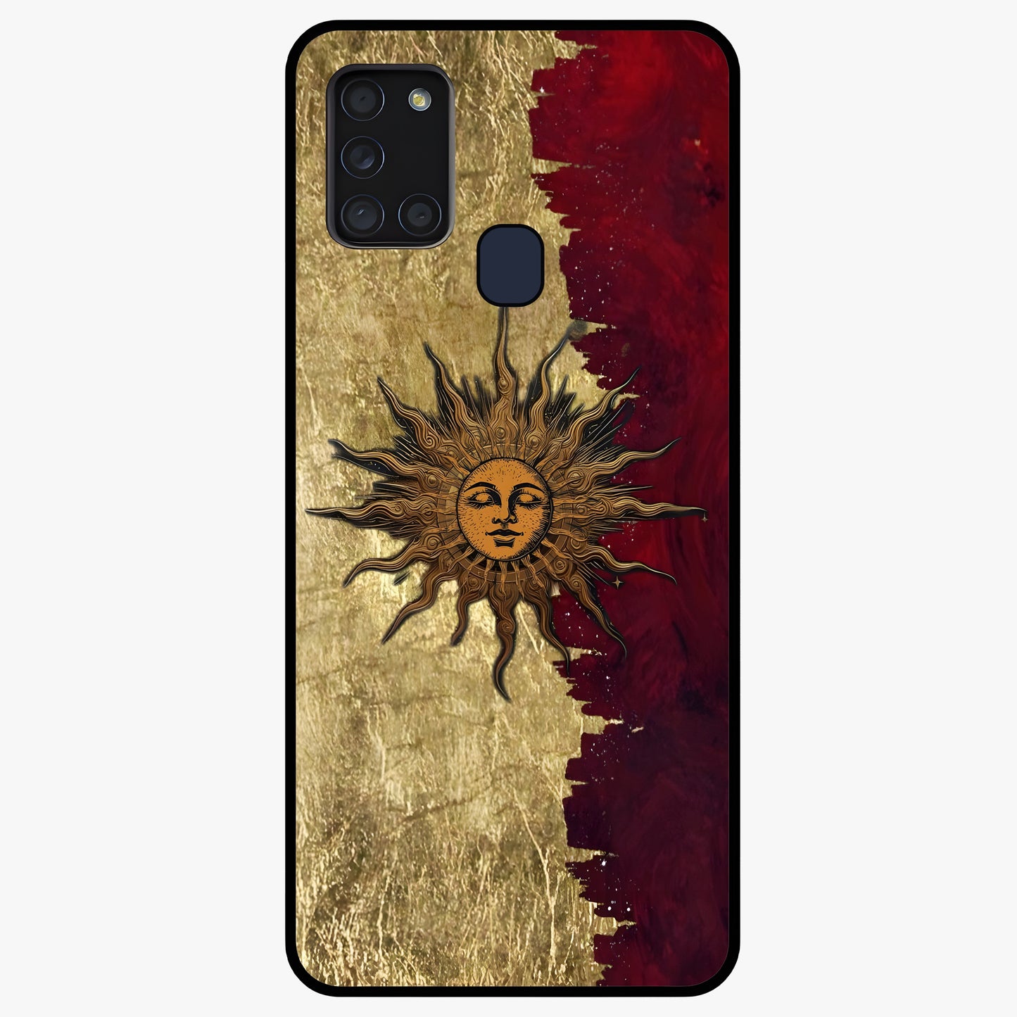 Crimson Sun Majesty Glass Case showing flat back view with radiant sun inspired artwork and glossy glass finish.