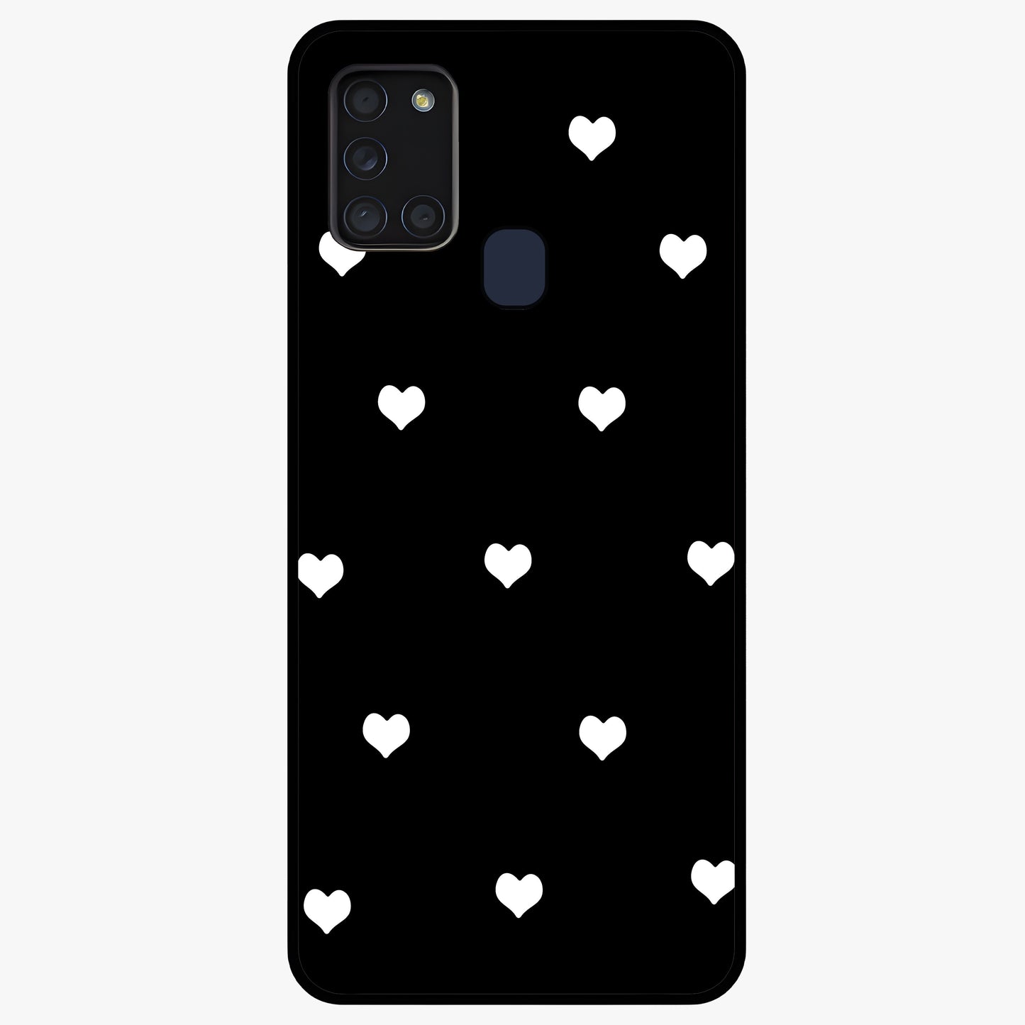Cute And Simple White Hearts Glass Case showing flat back view with minimal white heart pattern and glossy glass finish.