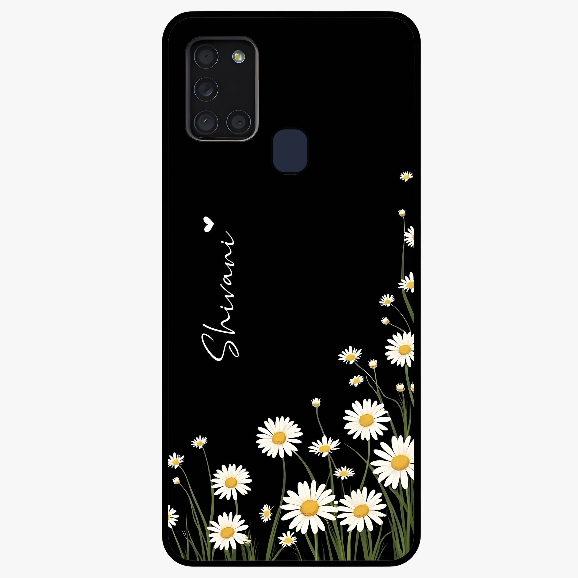 Daisy Cascade Custom Name Glass Case showing flat back view with cascading daisy flowers and personalized name design.