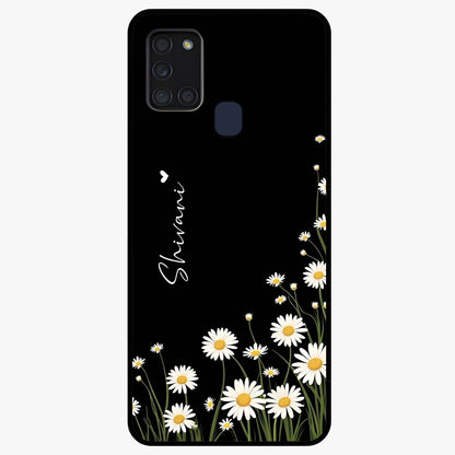 Daisy Cascade Custom Name Glass Case showing flat back view with cascading daisy flowers and personalized name design.