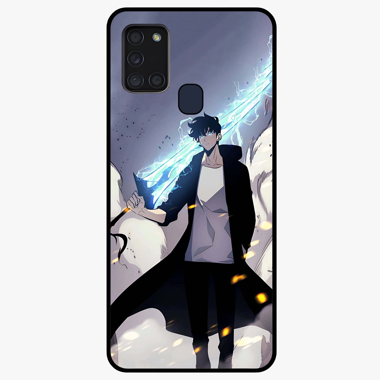 Dark Lightning Anime Warrior Glass Case showing flat back view with intense anime warrior artwork and glossy glass finish.