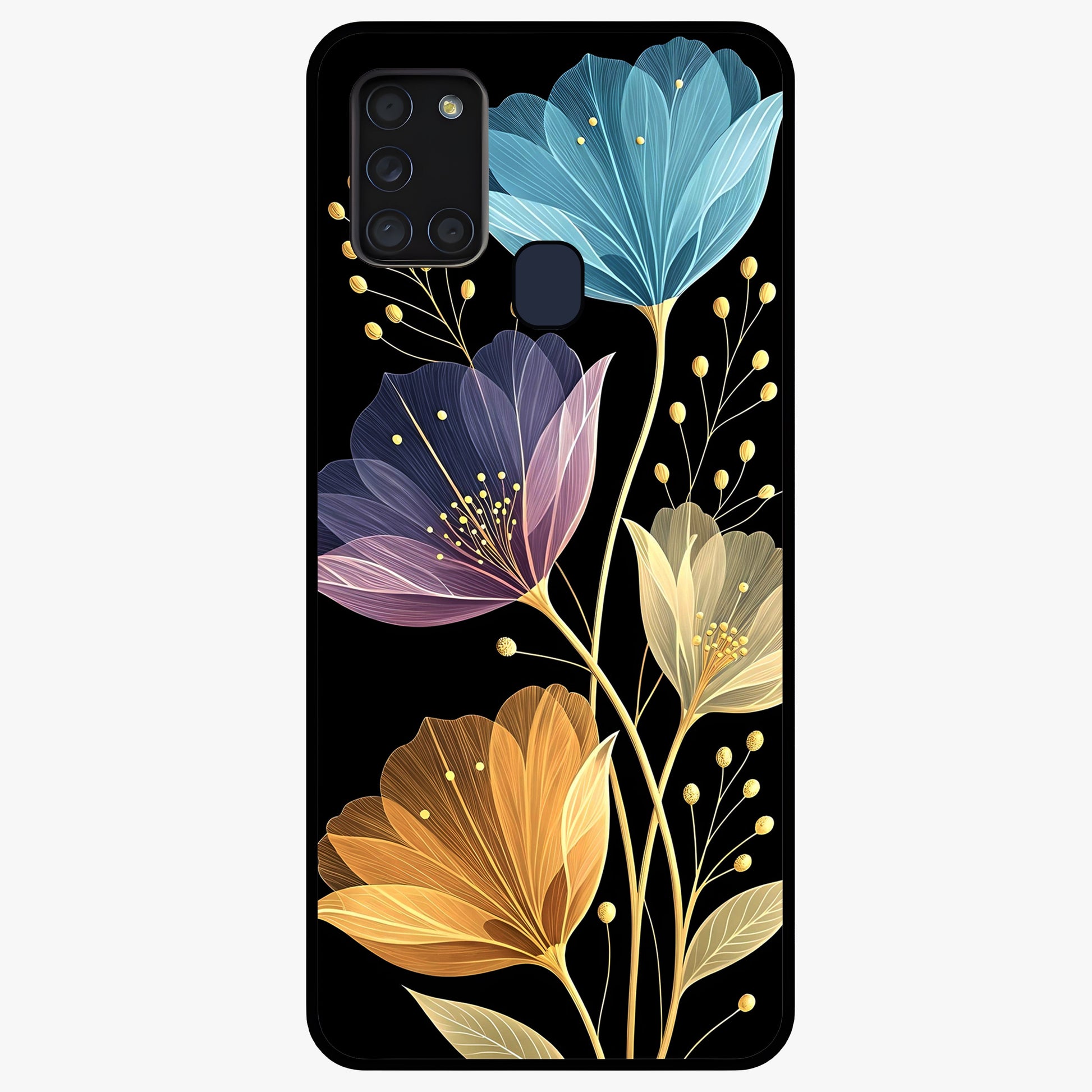 Delicate Multicolor Flowers Glass Case showing flat back view with vibrant floral artwork and glossy glass finish.
