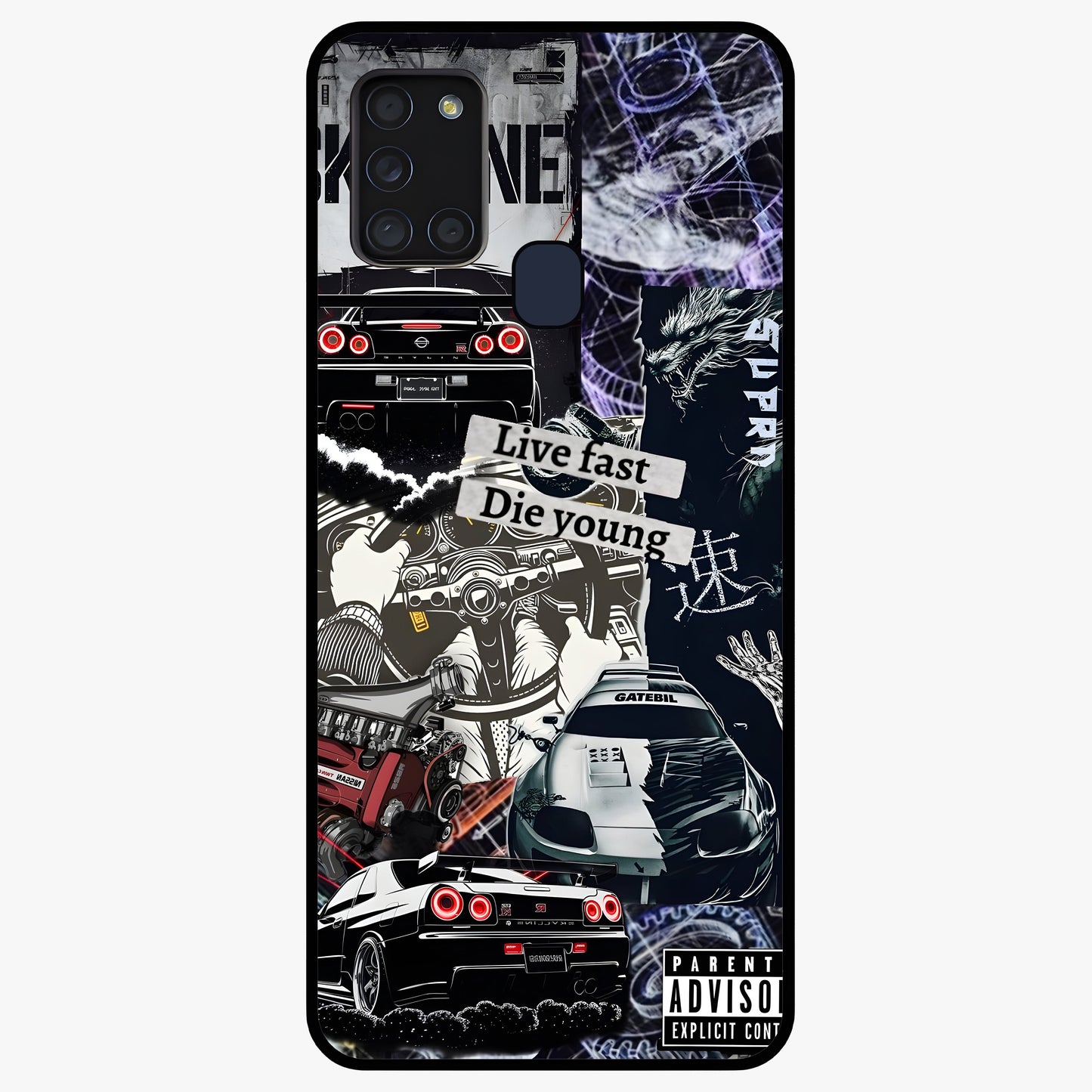 Die Young Glass Case showing flat back view with bold artistic typography design and glossy glass finish.