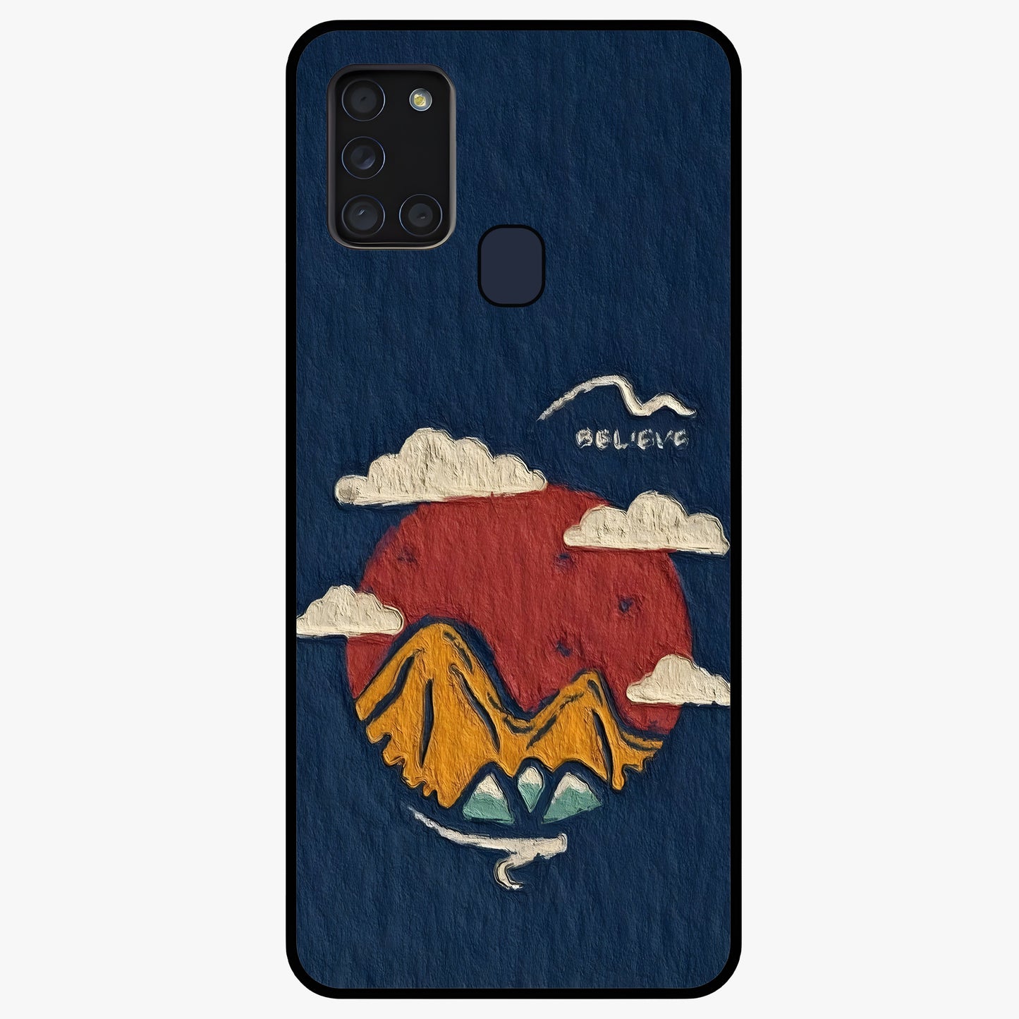 Dream Beyond Mountains Glass Case showing flat back view with scenic mountain landscape artwork and glossy glass finish.