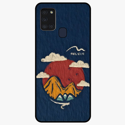 Dream Beyond Mountains Glass Case showing flat back view with scenic mountain landscape artwork and glossy glass finish.
