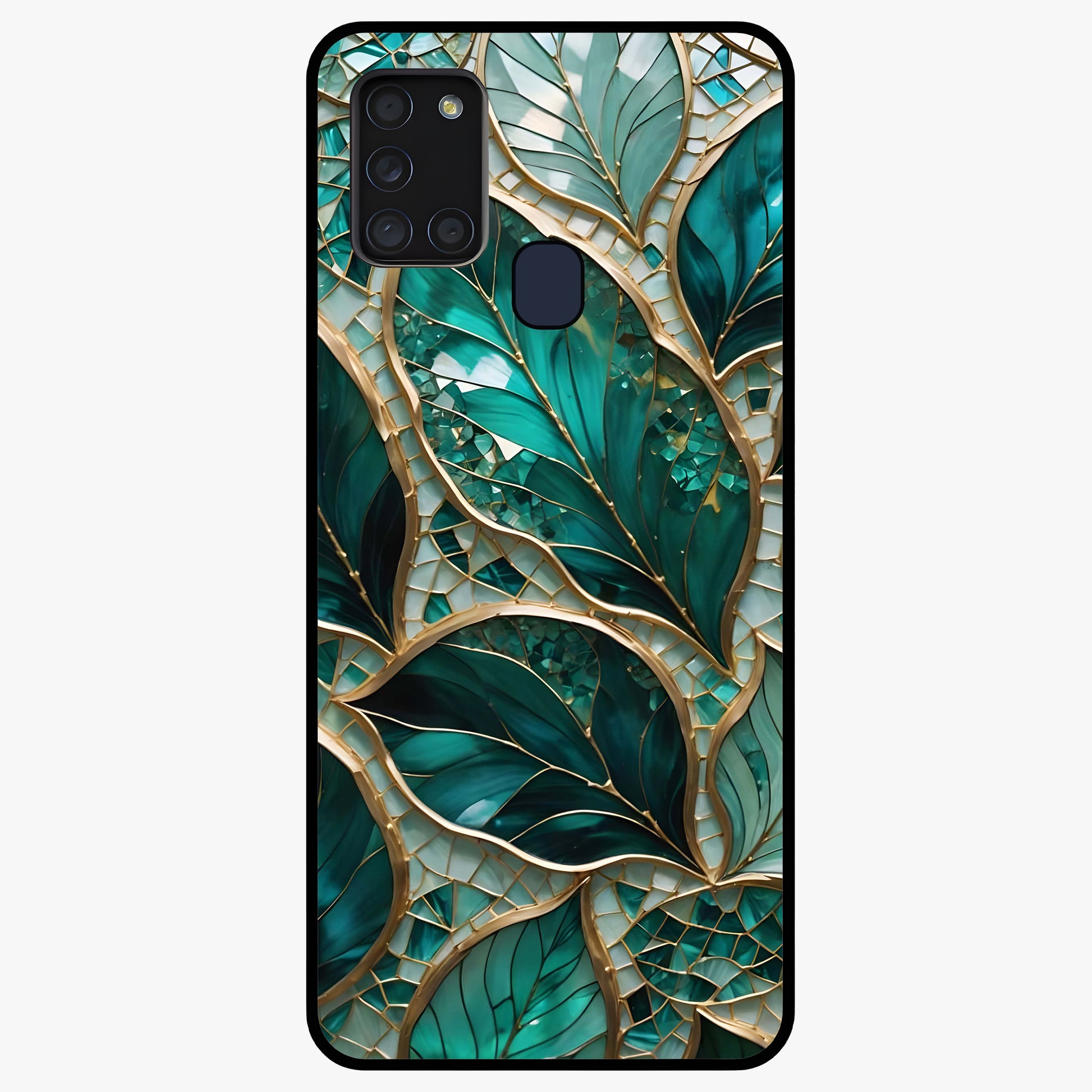 Emerald Leaf Glass Glass Case showing flat back view with emerald green leaf artwork and glossy glass finish.