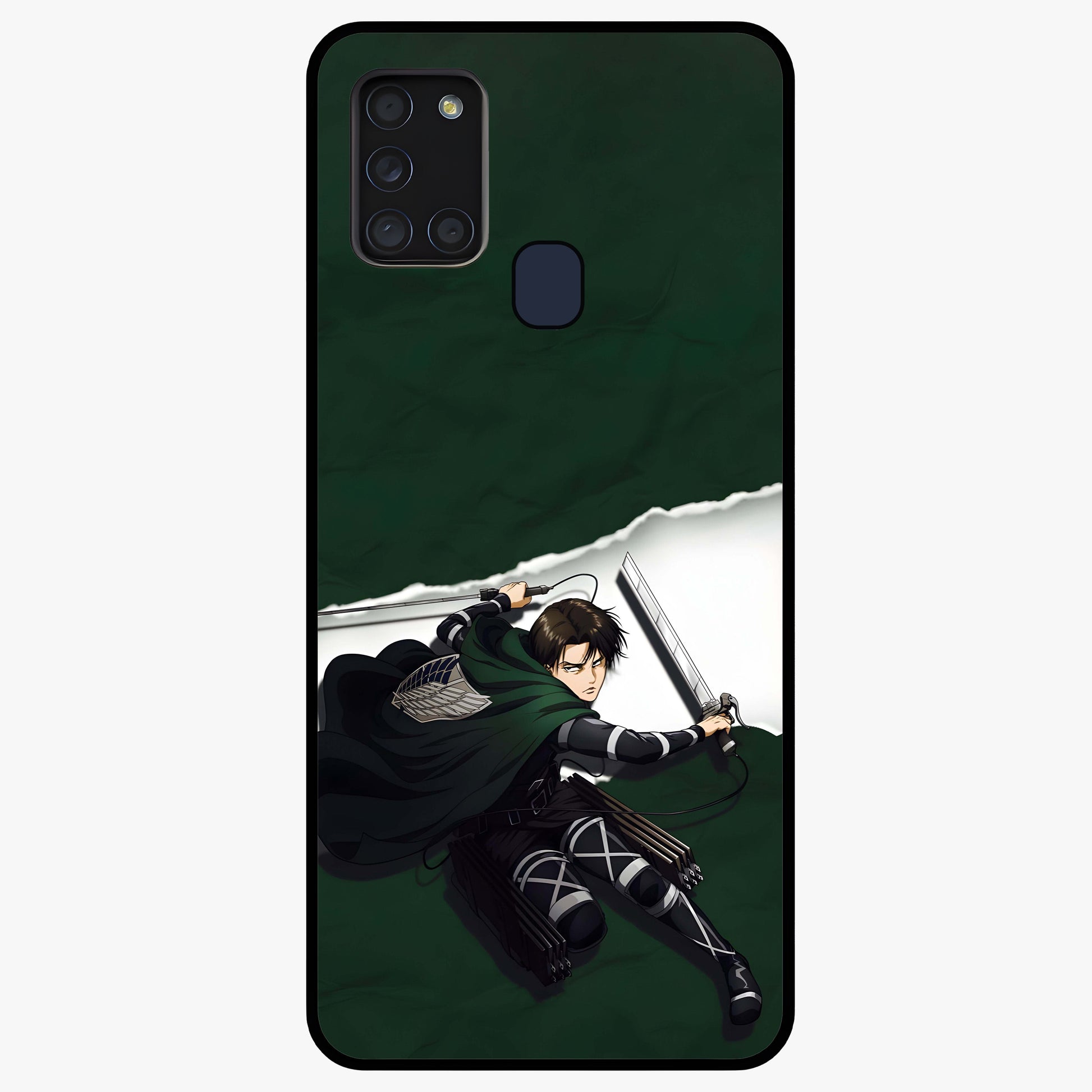Emerald War Vanguard Glass Case showing flat back view with powerful warrior themed artwork and glossy glass finish.