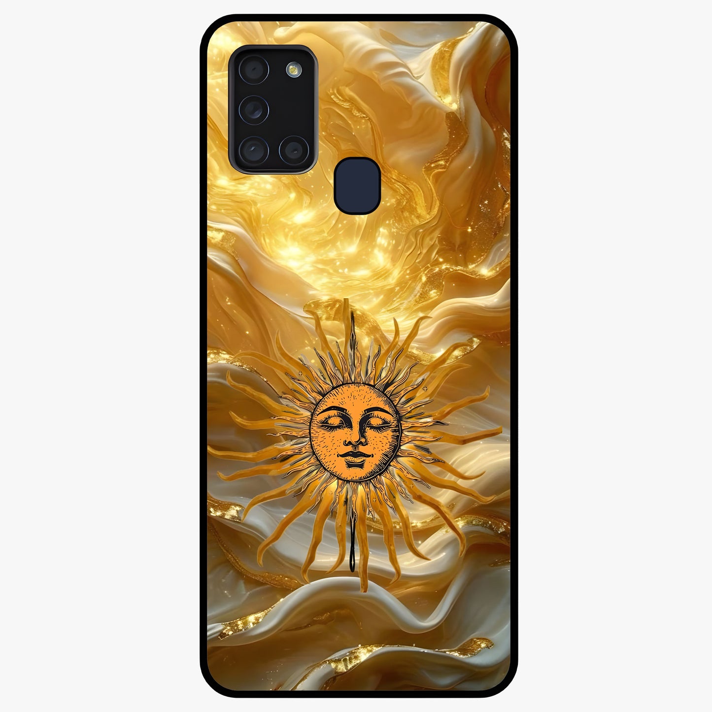 Eternal Golden Glow Glass Case showing flat back view with radiant golden themed artwork and glossy glass finish.