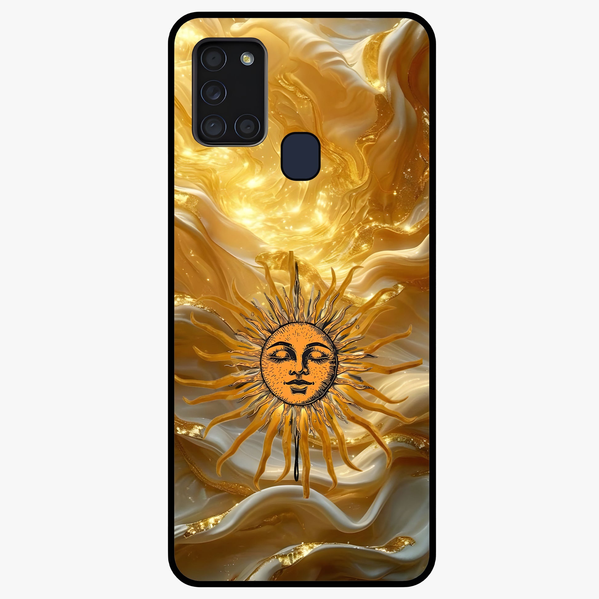 Eternal Golden Glow Glass Case showing flat back view with radiant golden themed artwork and glossy glass finish.