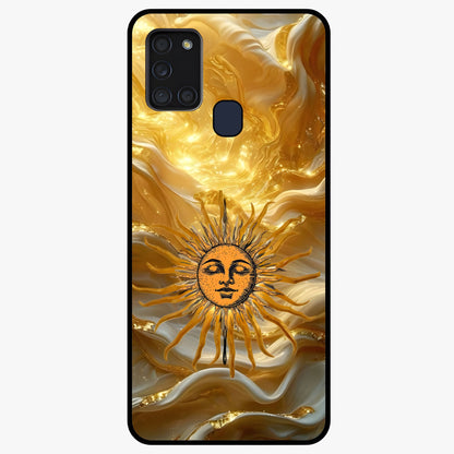 Eternal Golden Glow Glass Case showing flat back view with radiant golden themed artwork and glossy glass finish.