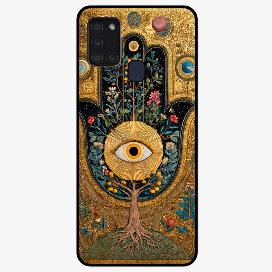 Ethereal Evil Eye Glass Case showing flat back view with mystical evil eye artwork and glossy glass finish.