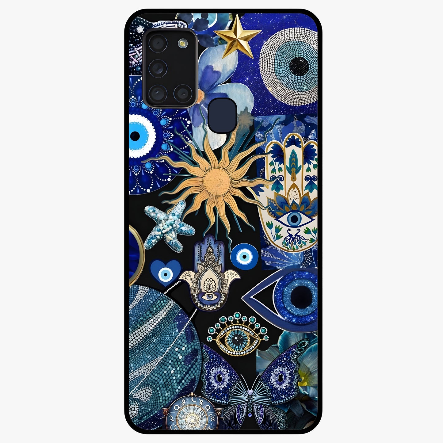 Evil Eye Charm Mix Glass Case showing flat back view with multiple evil eye charms artwork and glossy glass finish.