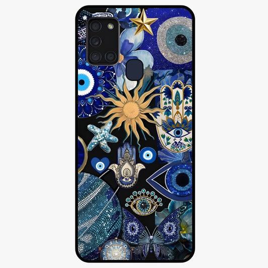 Evil Eye Charm Mix Glass Case showing flat back view with multiple evil eye charms artwork and glossy glass finish.
