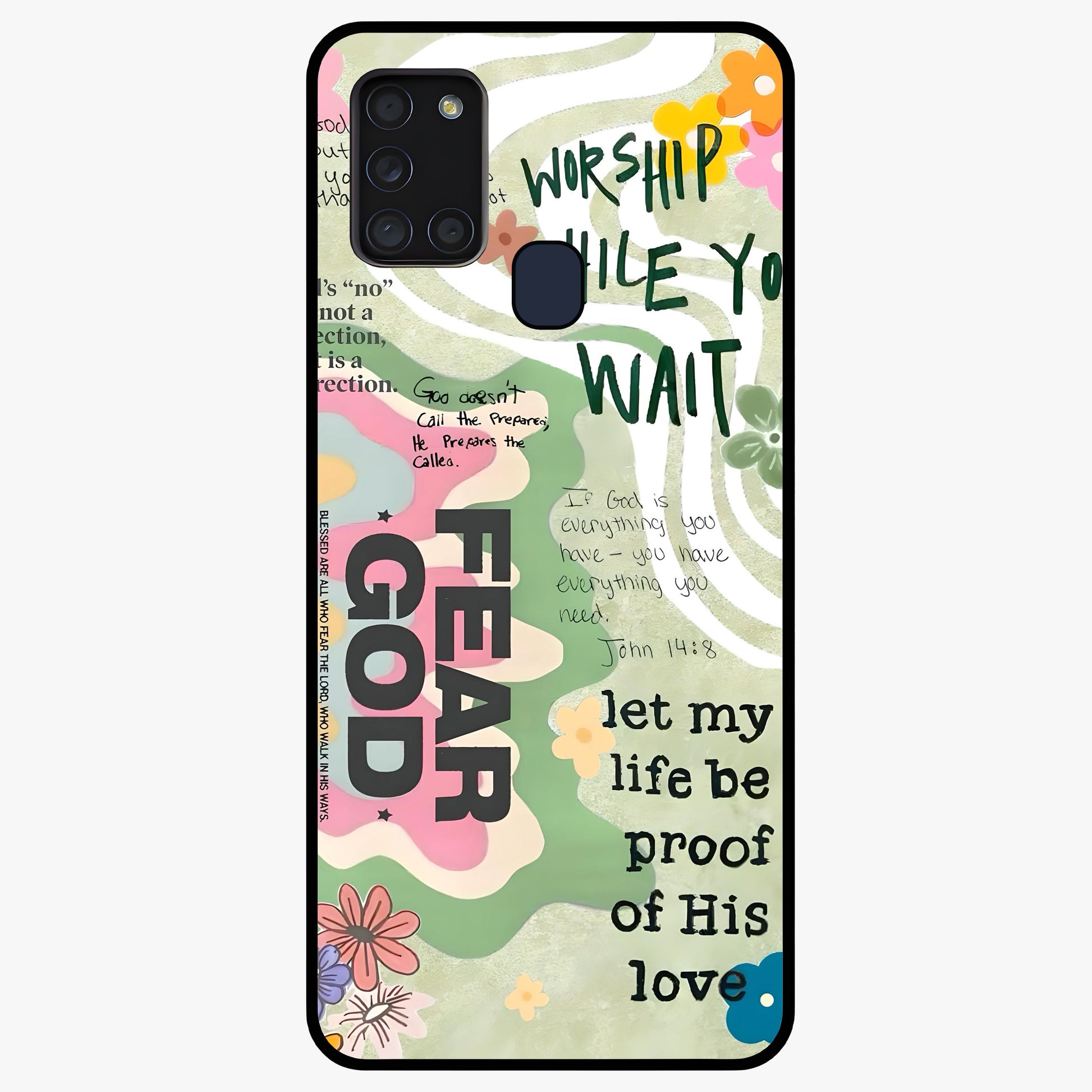 Faith Over Fear Glass Case showing flat back view with motivational typography artwork and glossy glass finish.