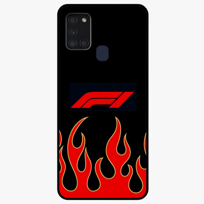 Fire F11 Glass Case showing flat back view with fiery themed artwork and glossy glass finish.