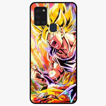 Firing Goku Glass Case showing flat back view with powerful anime inspired artwork and glossy glass finish.