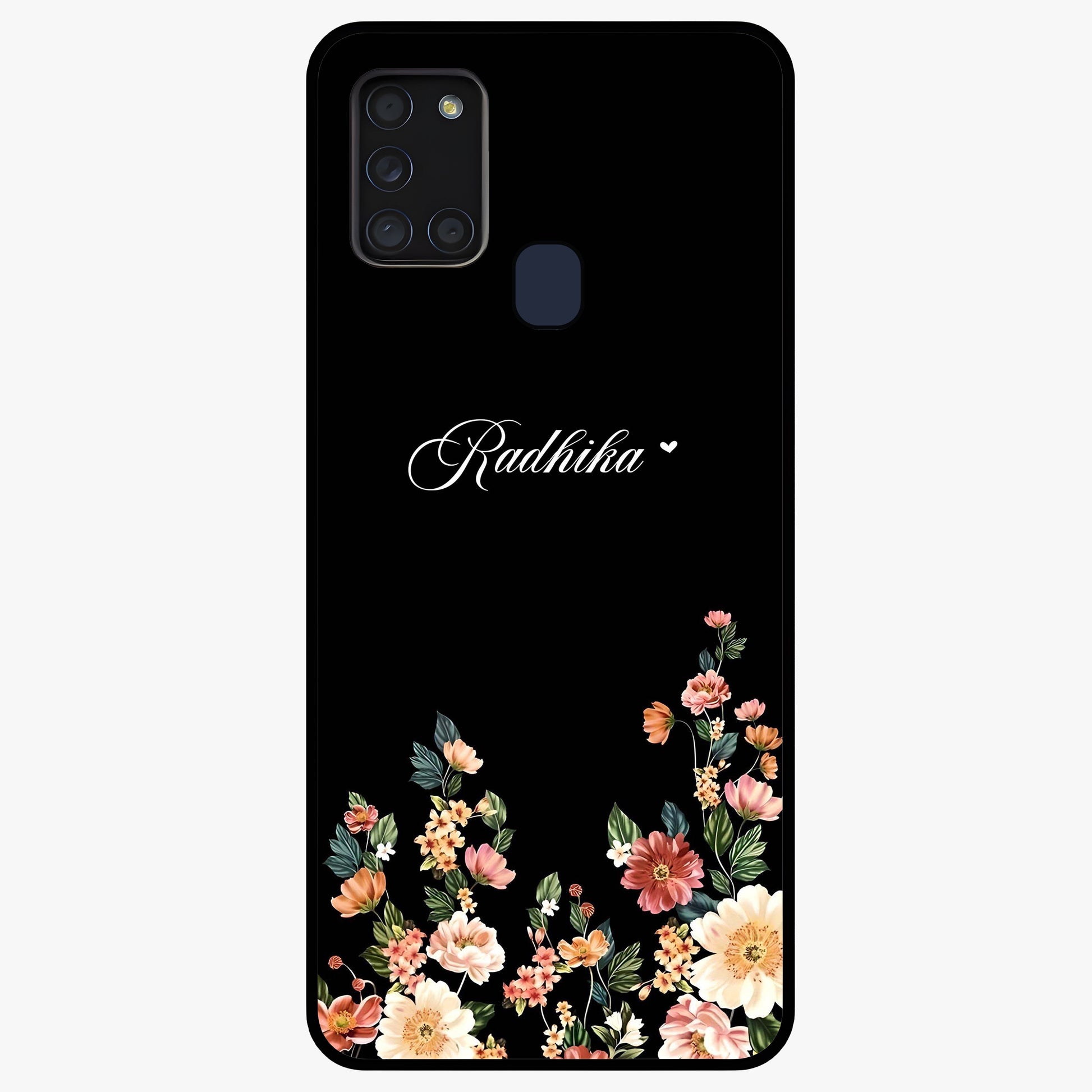 Floral Design With a Custom Personalized Name Glass Case showing flat back view with floral artwork and personalized name design.