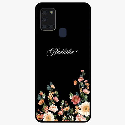 Floral Design With a Custom Personalized Name Glass Case showing flat back view with floral artwork and personalized name design.