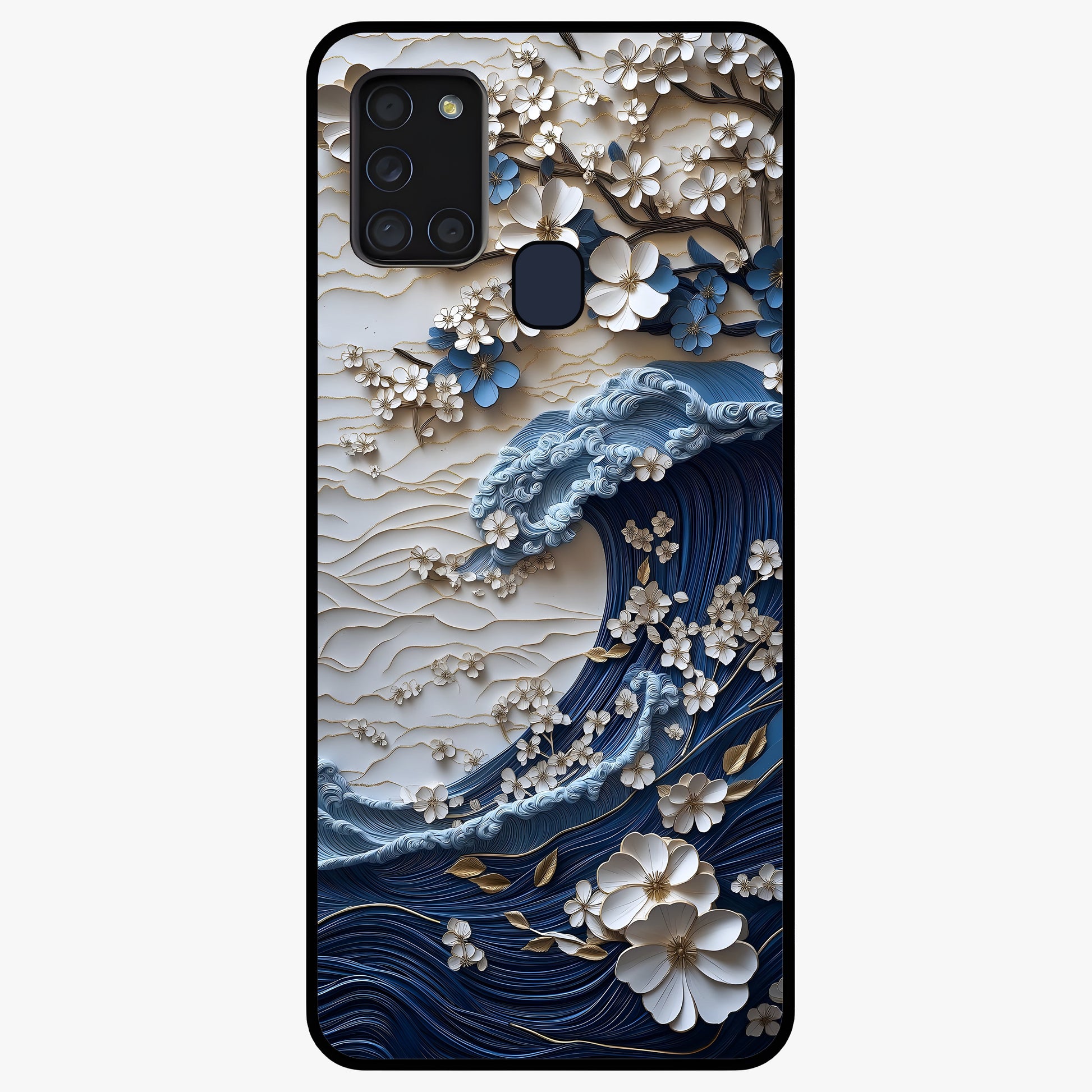 Floral Wave Origami Glass Case showing flat back view with origami inspired floral wave artwork and glossy glass finish.