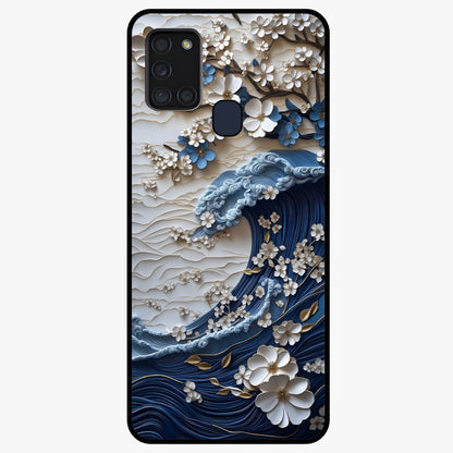 Floral Wave Origami Glass Case showing flat back view with origami inspired floral wave artwork and glossy glass finish.