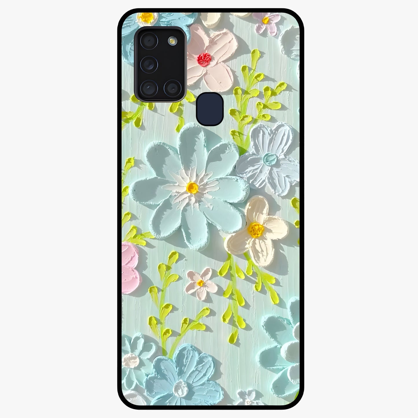 Frosted Petal Garden Glass Case showing flat back view with soft frosted floral artwork and glossy glass finish.
