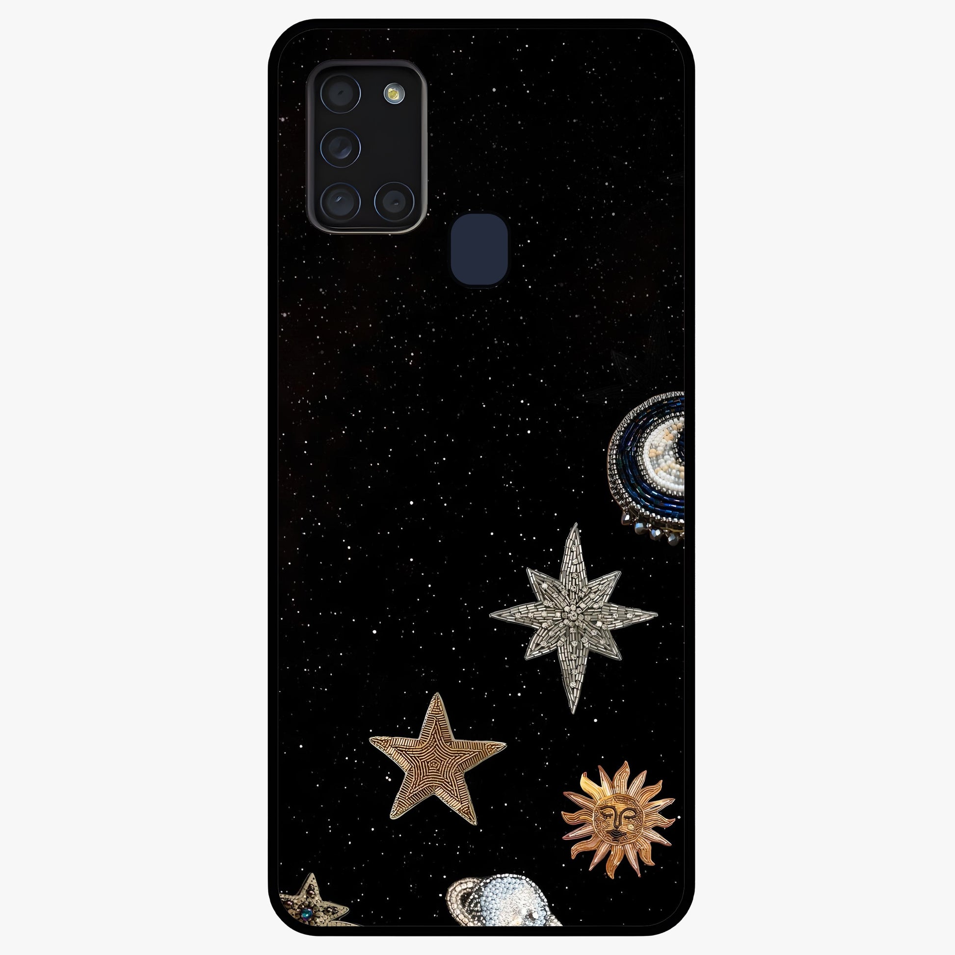 Galactic Charm Glow Glass Case showing flat back view with glowing celestial charm artwork and glossy glass finish.