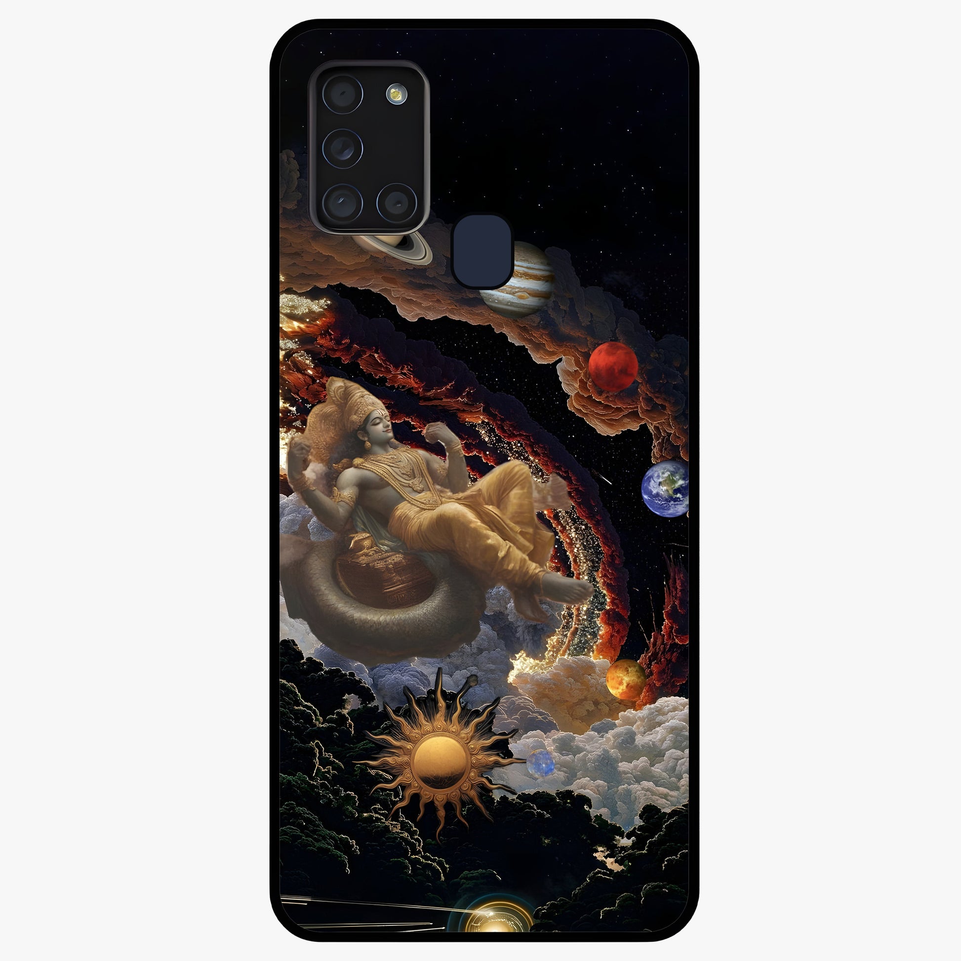 Galactic Divine God Glass Case showing flat back view with divine cosmic themed artwork and glossy glass finish.