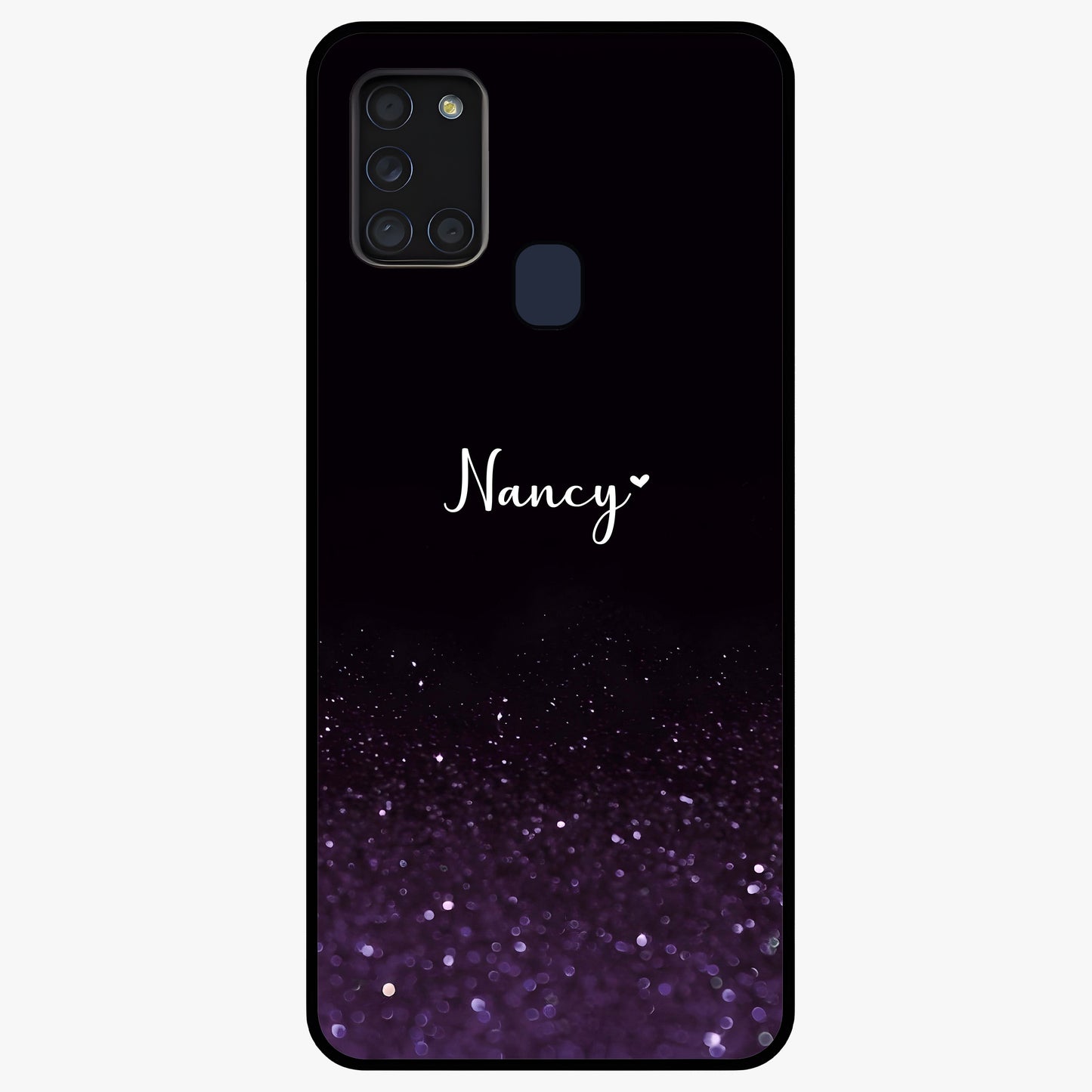 Glittery Purple Bokeh Custom Name Glass Case showing flat back view with purple bokeh sparkle artwork and personalized name design.