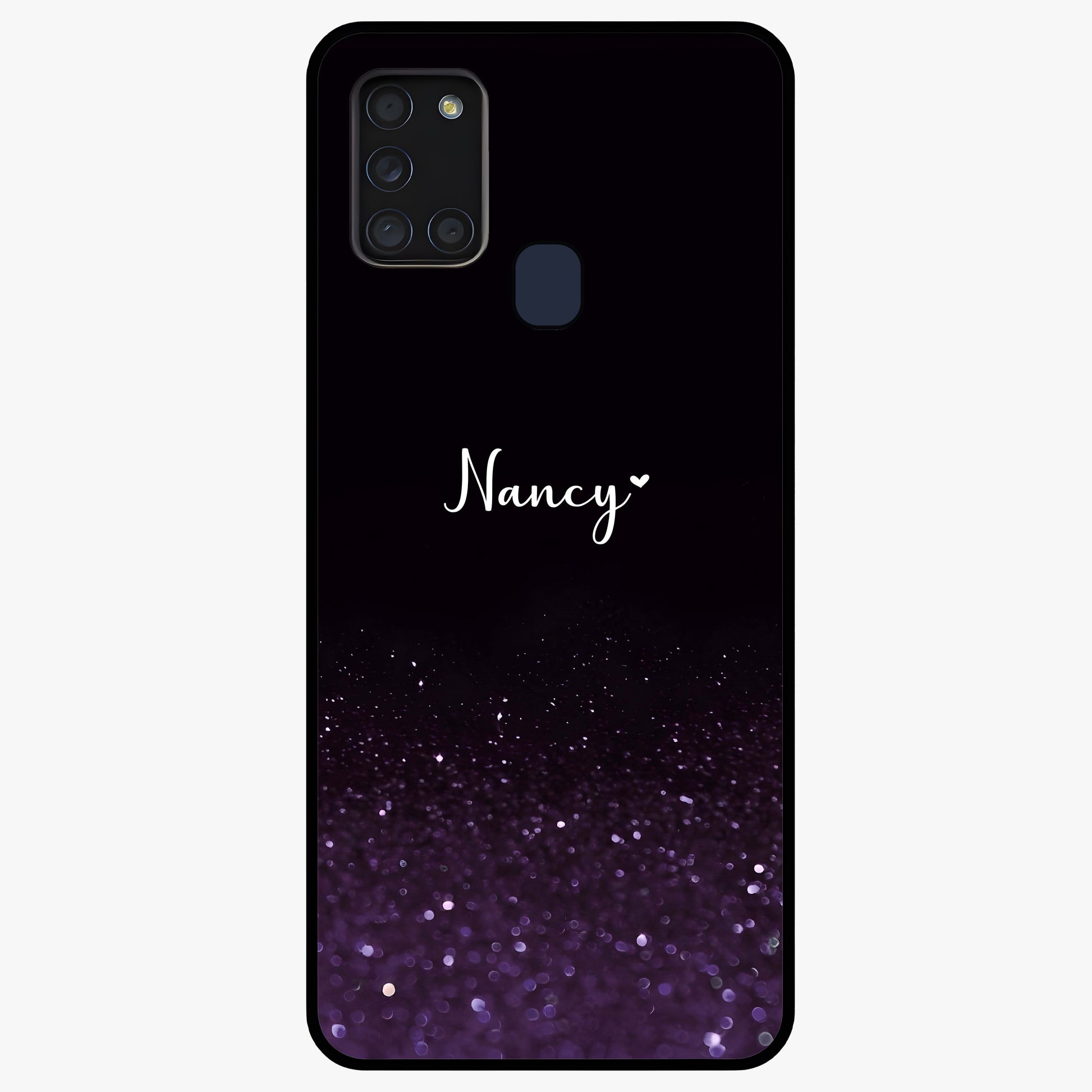 Glittery Purple Bokeh Custom Name Glass Case showing flat back view with purple bokeh sparkle artwork and personalized name design.