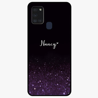 Glittery Purple Bokeh Custom Name Glass Case showing flat back view with purple bokeh sparkle artwork and personalized name design.