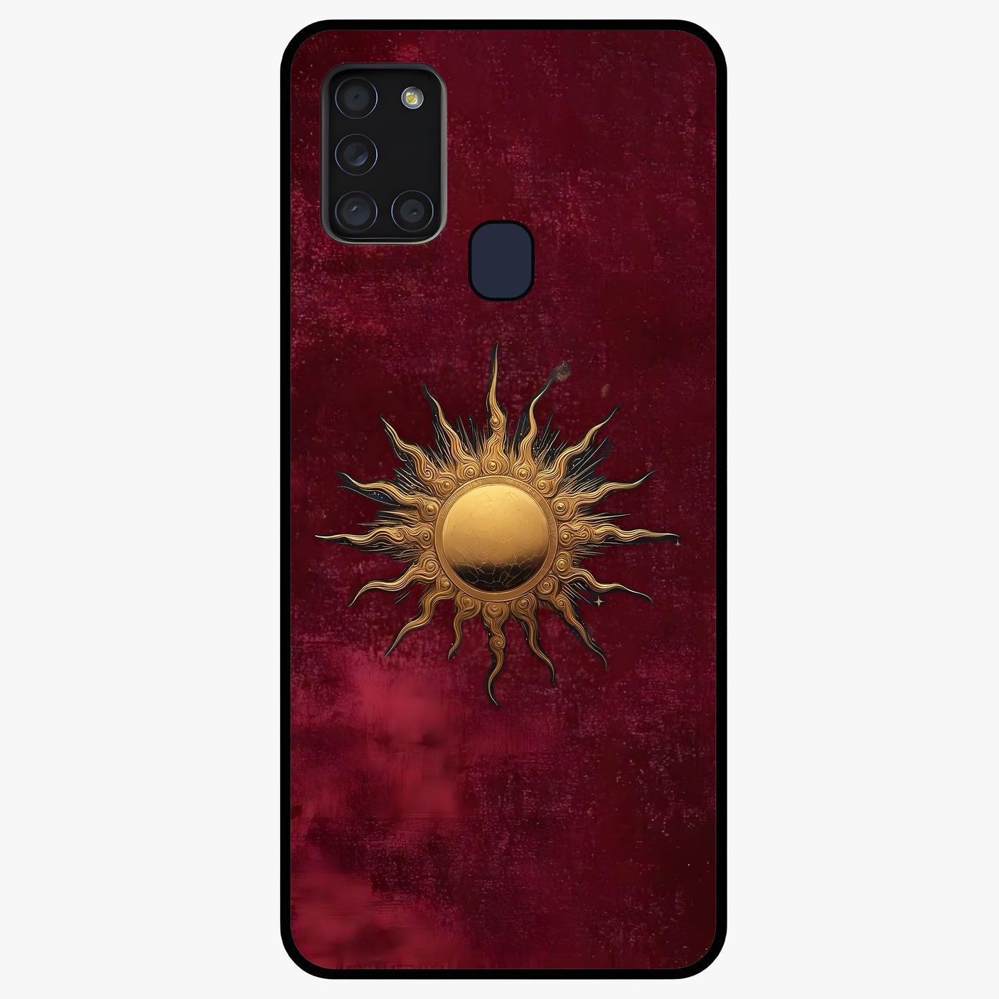 Gold Sun Blush Glass Case showing flat back view with golden sun inspired artwork and glossy glass finish.