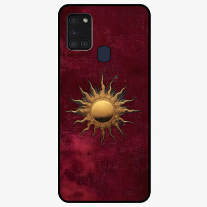 Gold Sun Blush Glass Case showing flat back view with golden sun inspired artwork and glossy glass finish.