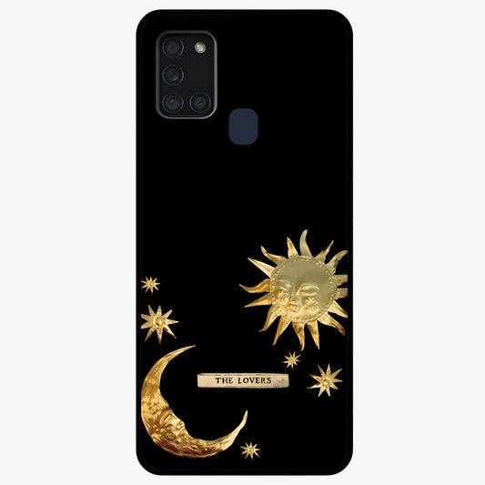 Golden Celestial Charm Glass Case showing flat back view with golden celestial charm artwork and glossy glass finish.