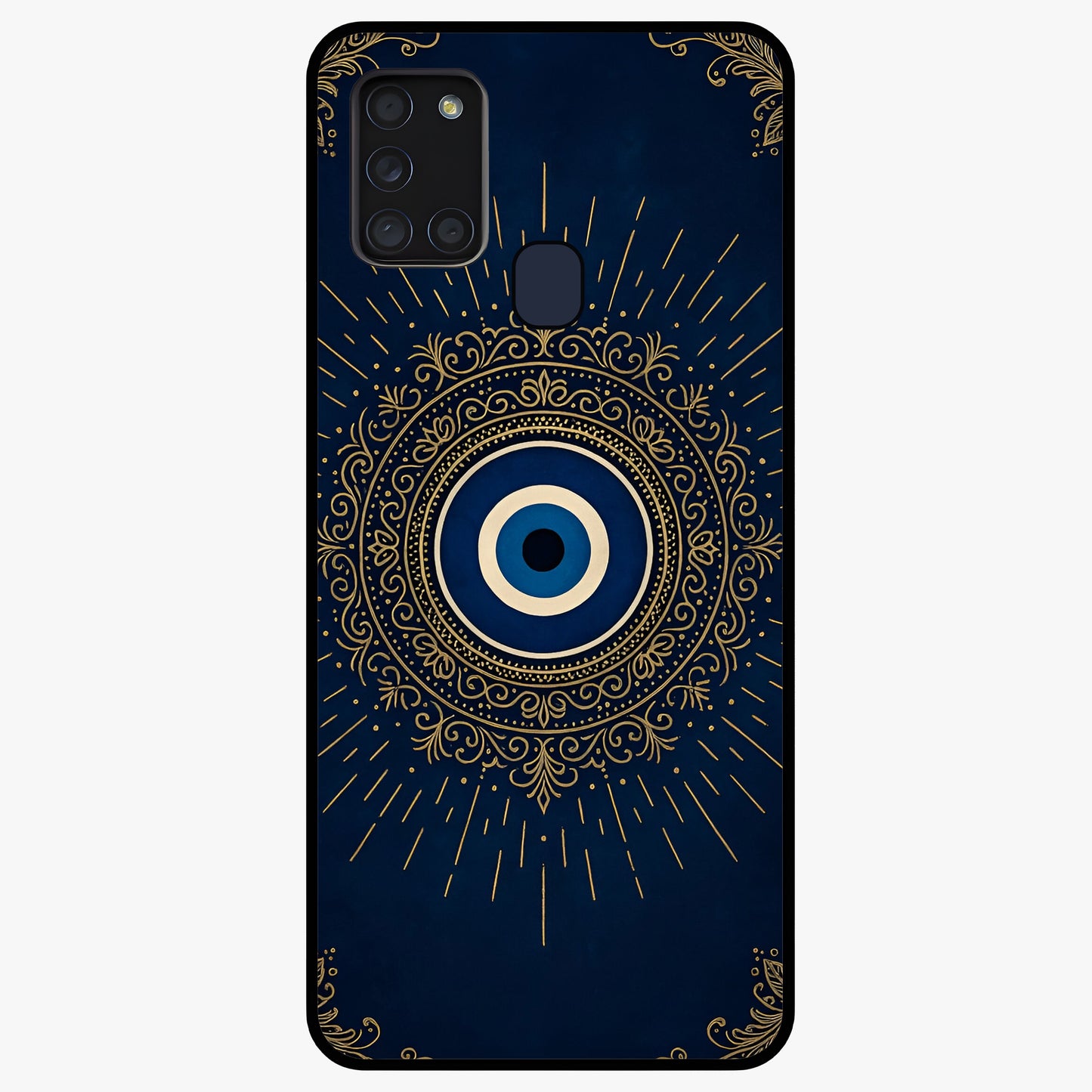 Golden Evil Eye Mandala Glass Case showing flat back view with intricate evil eye mandala artwork and glossy glass finish.