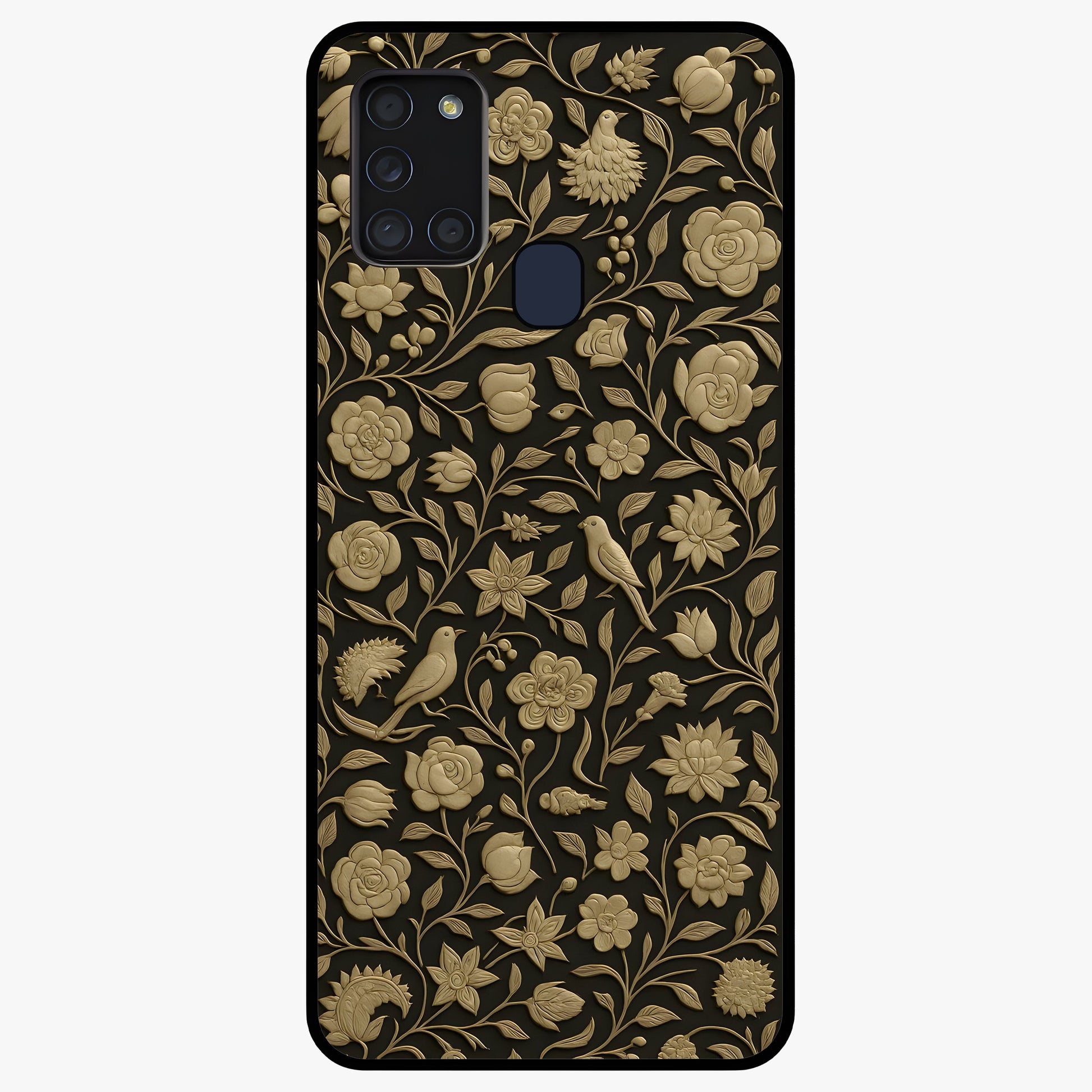 Golden Floral Majesty Glass Case showing flat back view with luxurious golden floral artwork and glossy glass finish.