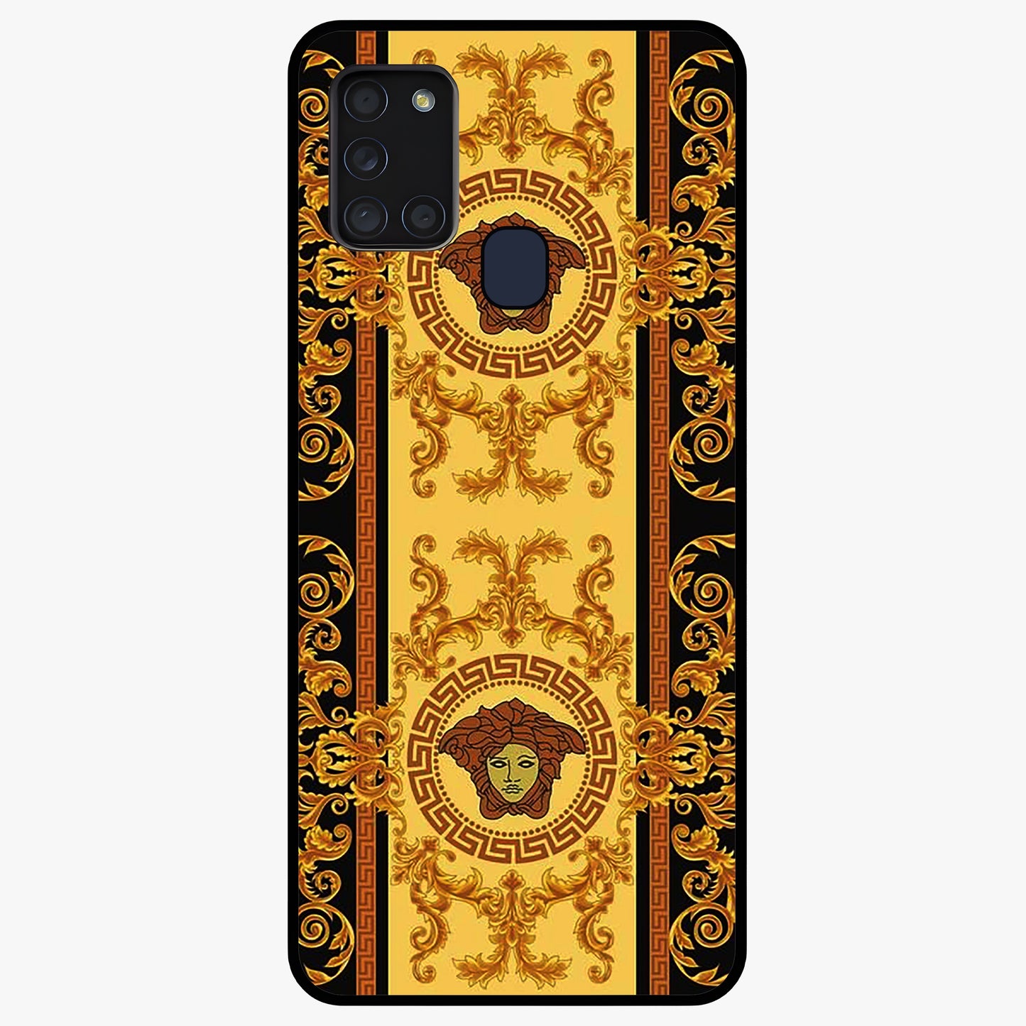 Golden Royal Heritage Glass Case showing flat back view with ornate royal pattern artwork and glossy glass finish.