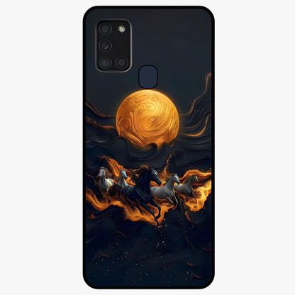 Golden Stallion Moonride Glass Case showing flat back view with majestic horse under moonlight artwork and glossy glass finish.