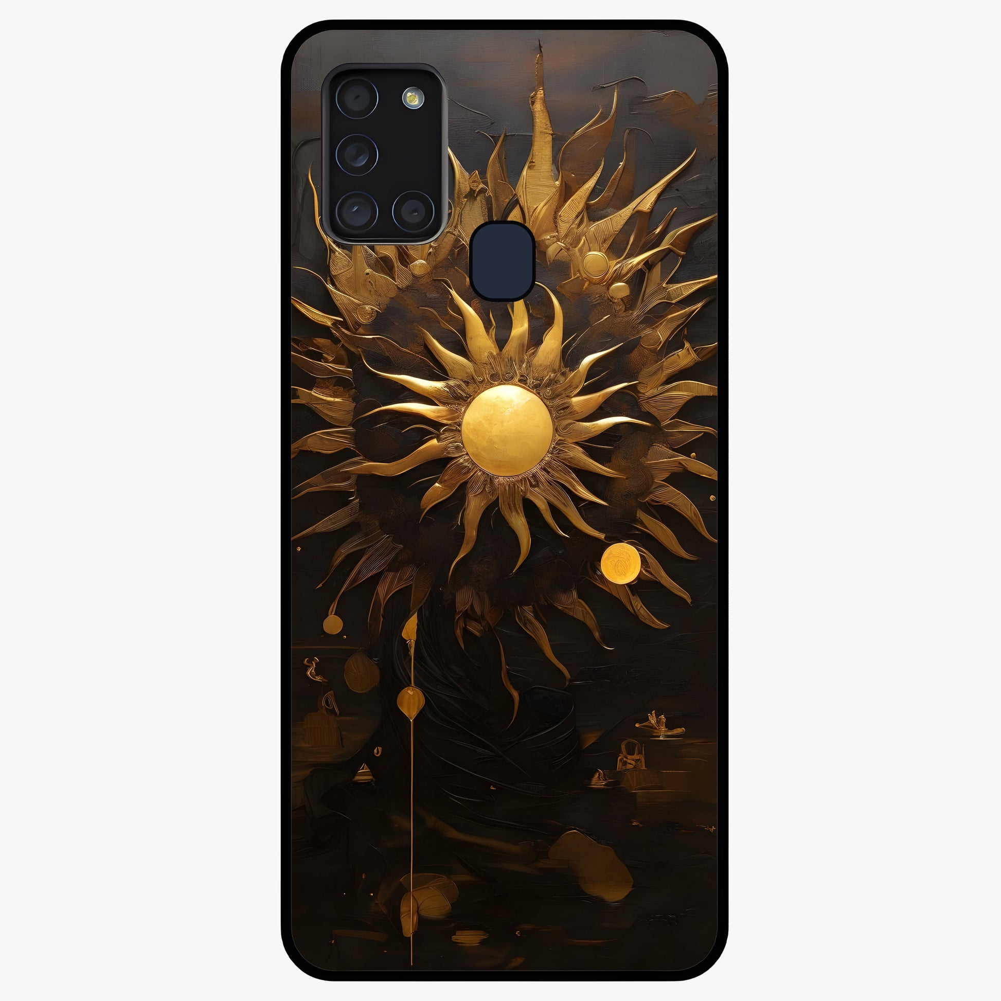 Golden Sun Majesty Glass Case showing flat back view with radiant golden sun artwork and glossy glass finish.