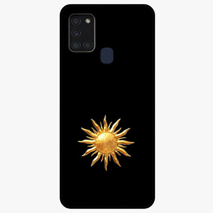 Golden Sun Minimalism Glass Case showing flat back view with minimal golden sun artwork and glossy glass finish.