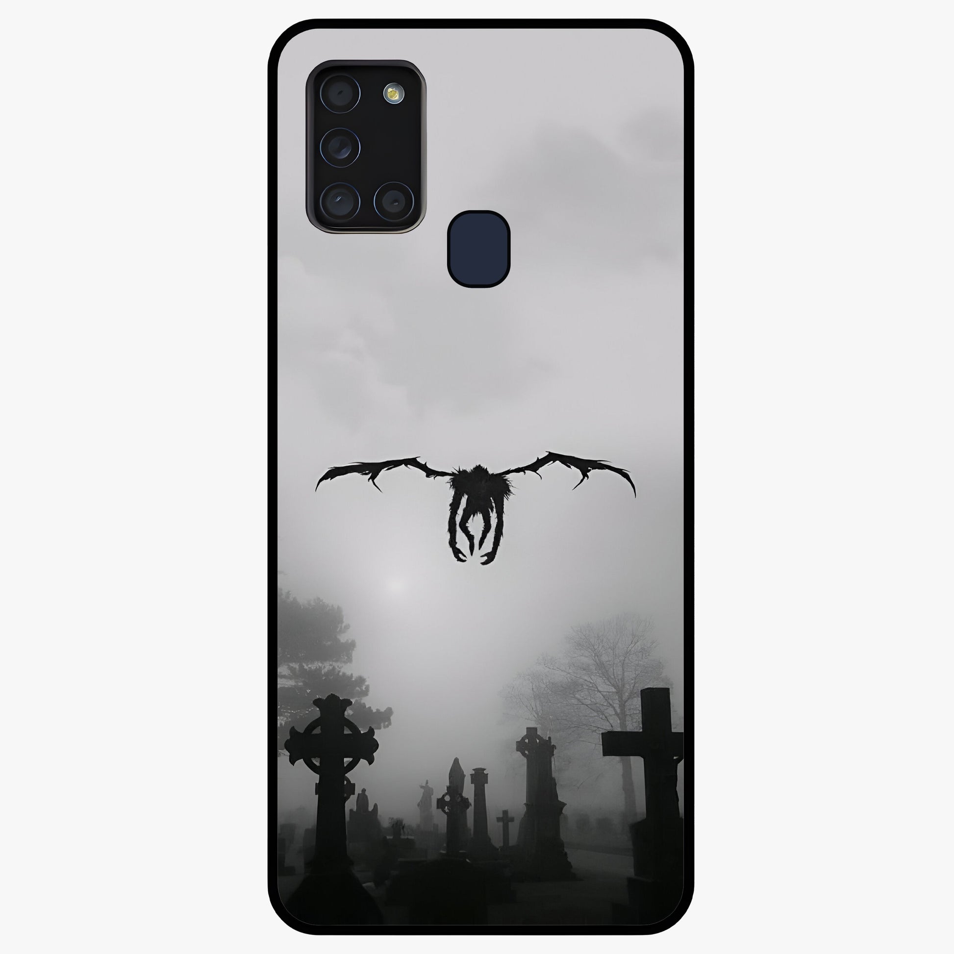 Graveyard Shadow Descent Glass Case showing flat back view with dark graveyard themed artwork and glossy glass finish.