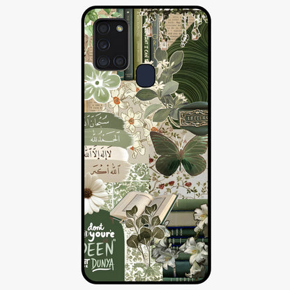 Green Islamic Books Quotes Glass Case showing flat back view with Islamic quotes and book themed artwork and glossy glass finish.