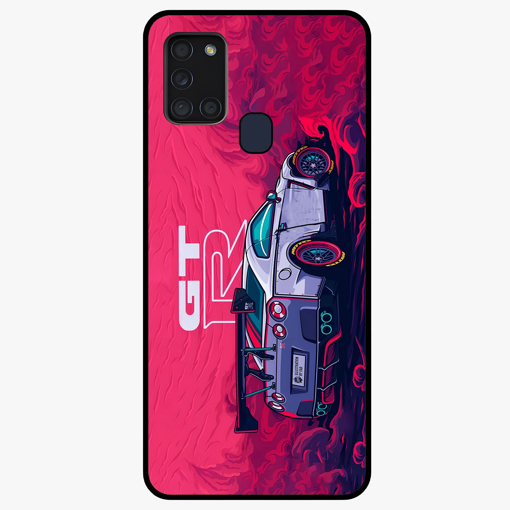 GT-R Car Pattern Glass Case showing flat back view with sporty car inspired pattern artwork and glossy glass finish.