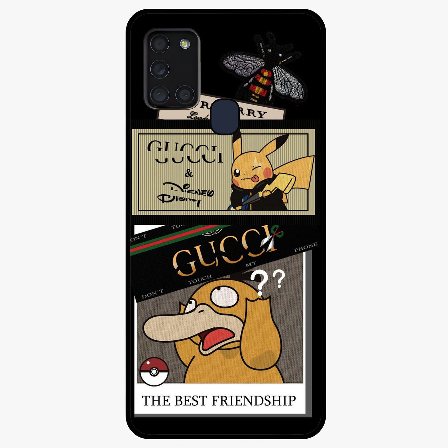 Gucci Play Mashup Glass Case showing flat back view with luxury inspired graphic artwork and glossy glass finish.