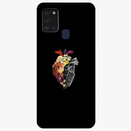 Heart With Flowers Glass Case showing flat back view with heart shaped floral artwork and glossy glass finish.