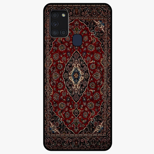 Heritage Carpet Royale Glass Case showing flat back view with ornate Persian carpet inspired pattern and glossy glass finish.