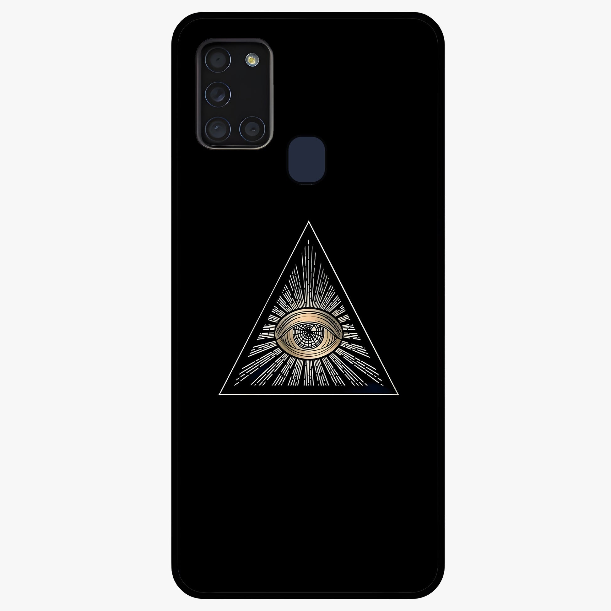 Illuminati Evil Glass Case showing flat back view with mysterious illuminati symbol artwork and glossy glass finish.