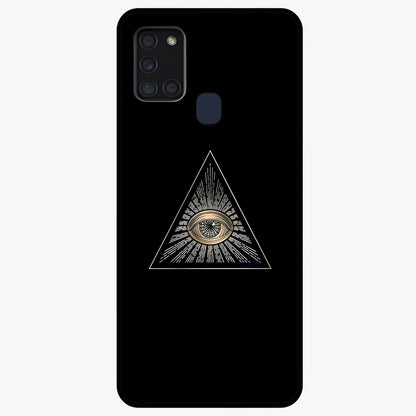 Illuminati Evil Glass Case showing flat back view with mysterious illuminati symbol artwork and glossy glass finish.